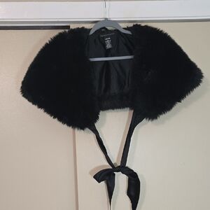 Apostrophe Black Faux Fur Shrug with Ribbon Tie One Size Fits Most